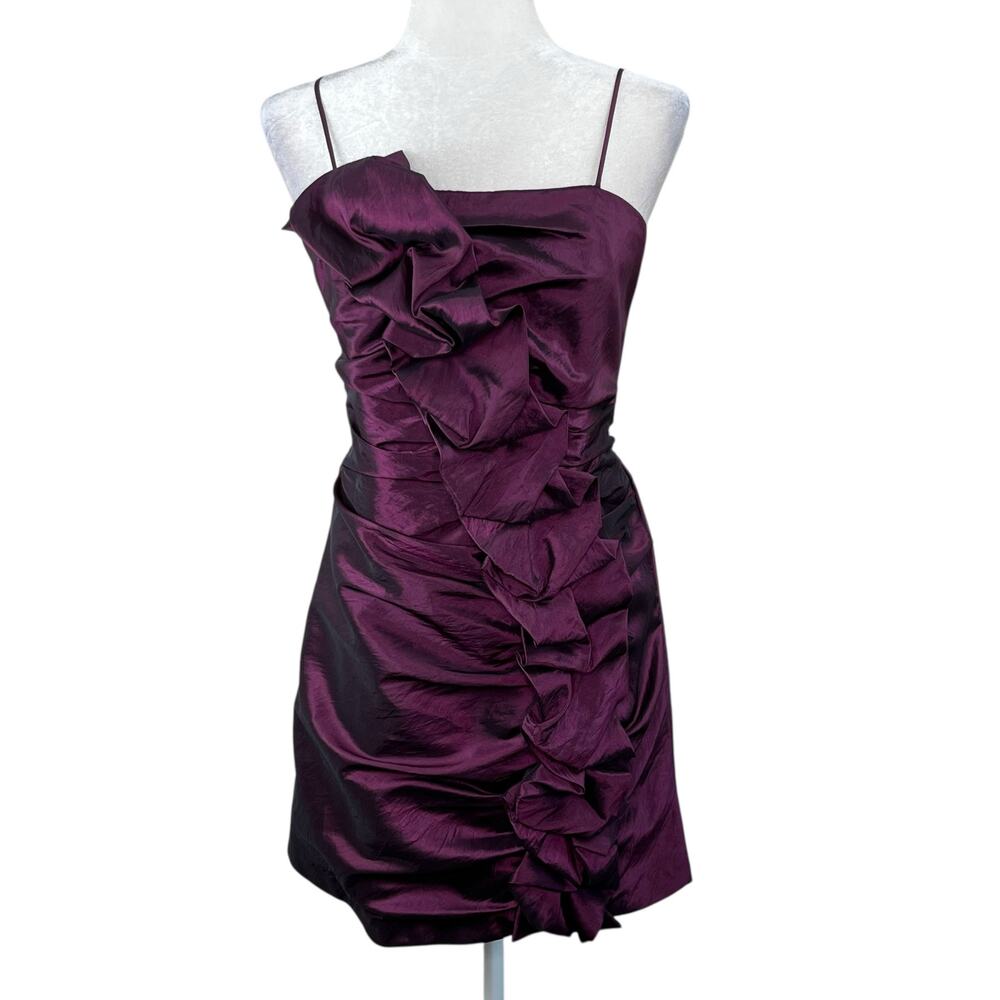 Vintage 90s Let's Fashion Purple Ruched Mini Dress L Ruffle Front Whimsigoth